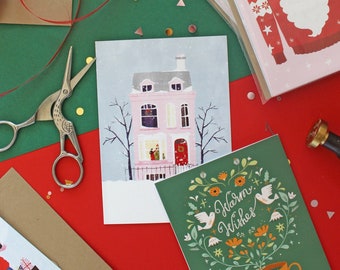 Christmas pink house greeting card, Christmas cards, illustrated cards, xmas, season cards, festive card, winter, snow, snowing, pink cards