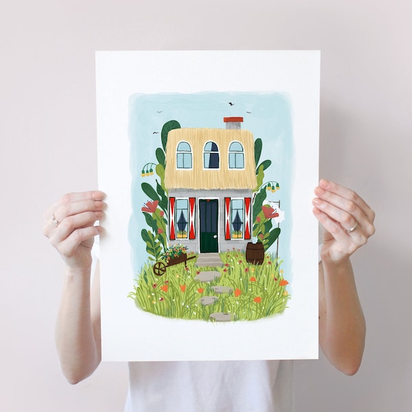 Little house A5, A4 and A3 art print, nature, beautiful homedecor, kids poster, small house, flowers, floral, woods, gift, girl, spring