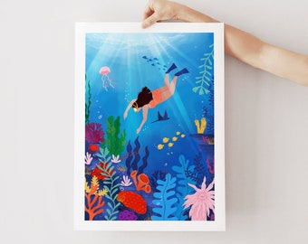 Divinig A5, A4 y A3, póster de mar, verano, póster de niña, buceo, colorido, cuerpo, póster de buceo, arte de playa, póster submarino