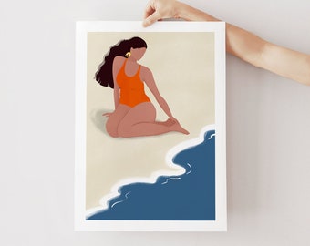 May include: A digital illustration of a person in an orange swimsuit sitting on a beach with blue water in the background.