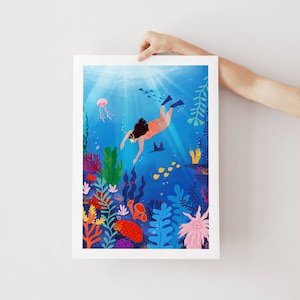 Divinig A5, A4 and A3,  sea poster, summer, girl poster, scuba diving, colorful, body, diving poster, beach art, underwater poster