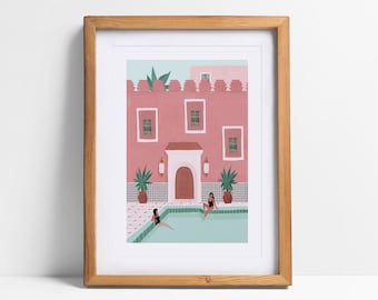 Marrakech A5, A4 and A3 art print, marroco, Casablanca, Red City, Tangier, Fes, Moroccan wall art, Morocco illustration, travel print, pink
