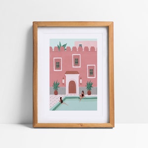 Marrakech A5, A4 and A3 art print, marroco, Casablanca, Red City, Tangier, Fes, Moroccan wall art, Morocco illustration, travel print, pink