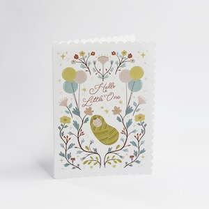 Carte de vœux Hello Little One, festonné, bords coupés à la matrice, carte bébé, carte nouveau-né, carte enfant, carte fleuri, carte de fête de naissance