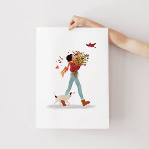 Impresión artística de paseo otoñal en tamaños A5, A4 y A3, amor por los perros, dueño de perro, paseador de perros, regalo para amantes de los perros. Impresión de perro, regalo para mamá de perro, regalo de cumpleaños de perro, amante de los animales.