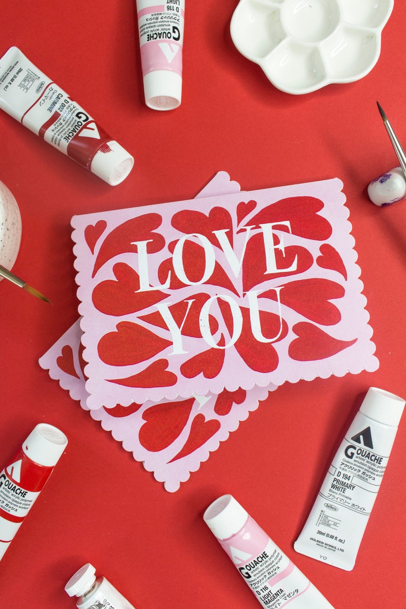 Love You card, valentines day card, heart card, scalloped die cut edges, scalloped card, love card, love you card image 1