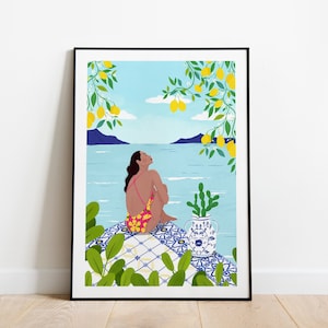 Amalfi A5, A4 e A3 stampa d'arte, Costiera Amalfitana, Italia poster, stampa limone, poster estivo, poster italiano, stampa di viaggio, regalo amante delle piante