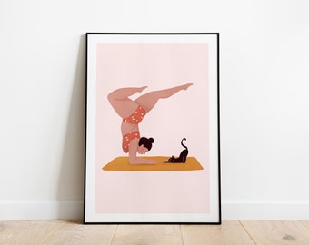 Strike a pose A5, A4 and A3 print, yoga, body, health, cat person, fitness girl, fitness poster, yoga poster, self confidence, practice yoga