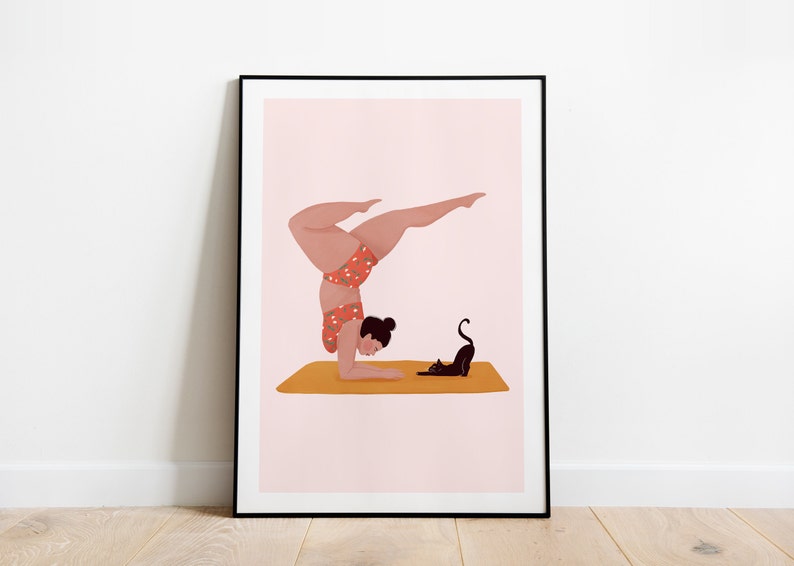 Strike a pose A5, A4 and A3 print, yoga, body, health, cat person, fitness girl, fitness poster, yoga poster, self confidence, practice yoga image 1