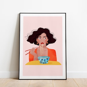 Noodle girl A5, A4 and A3 print, japanese girl, ramen girl, food lover, Chinese, food poster, girl poster, Japanese poster, noodle, orange image 1