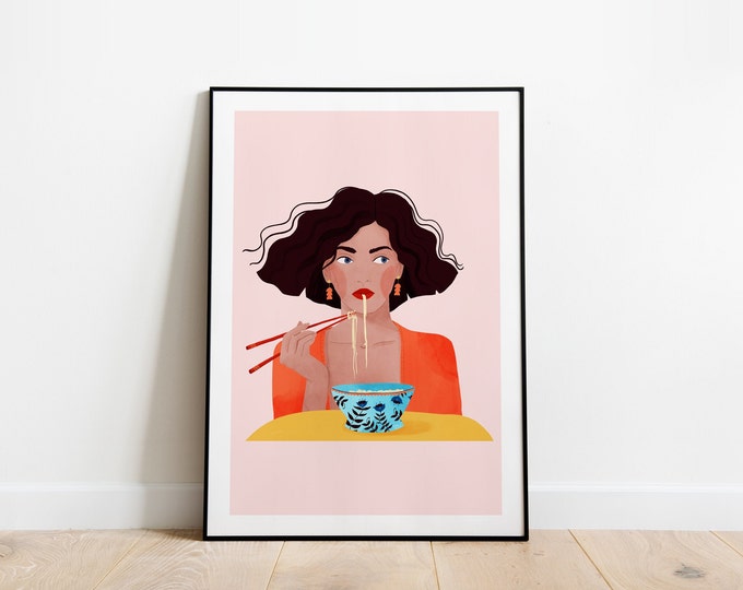 Noodle girl A5, A4 and A3 print, japanese girl, ramen girl, food lover, Chinese, food poster, girl poster, Japanese poster, noodle, orange