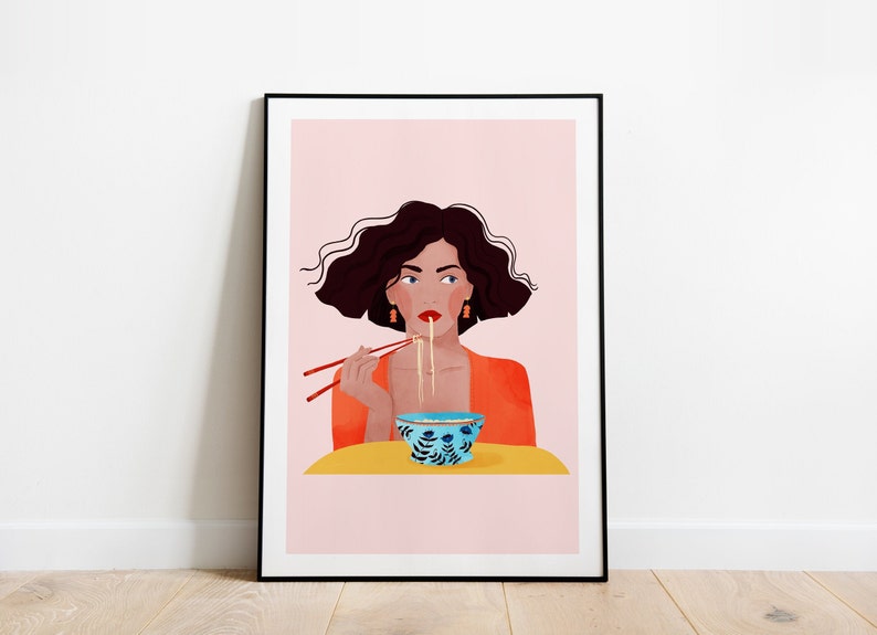 Noodle girl A5, A4 and A3 print, japanese girl, ramen girl, food lover, Chinese, food poster, girl poster, Japanese poster, noodle, orange image 1
