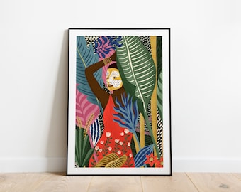 Jungle Mask A3, A4 and A3 art print, African art, wild, woman, jungle poste, African poster, nature, plants print, colors