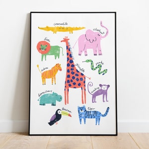 Animal gang A5, A4 and A3 art print, illustration, kids room, nursery, animal, snake, elephant, tiger, giraffe, crocodile, lion, german