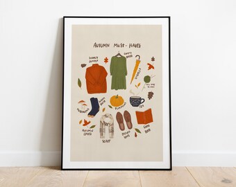 Pode incluir: Um cartaz imprimível com uma lista ilustrada de essenciais para o outono. Os itens incluem um suéter de lã, um vestido verde, um guarda-chuva, uma abóbora, uma xícara de chá, um livro, uma echarpe e um par de botas.