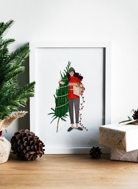Girl with a xmas tree A5, A4 and A3 art print, holiday, home decor,  christmas print, happy, funny, gift women, girl gift, festive season