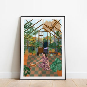 Fall Greenhouse A5, A4 e A3 stampa d'arte, autunno, piante, amante delle piante, amante dei gatti, autunno, natura, poster della ragazza, poster autunnale, arancione, marrone
