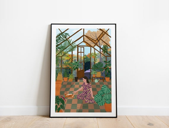 Fall Greenhouse A5,A4 and A3 art print, autumn, plants, plant lover, cat lover, fall, nature, girl poster, fall poster, orange, brown
