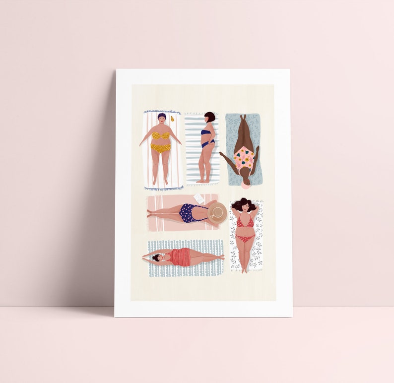 Beach goddess A5, A4 and A3 art print, beach print, wall art, women gift, body confidence, self care, summer poster, curvy ladies image 1