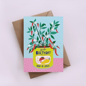 Biglietto d'auguri per roba calda di buon compleanno, carta peperoncino, carta pianta, carte fiori, carte stravaganti, carta paprika