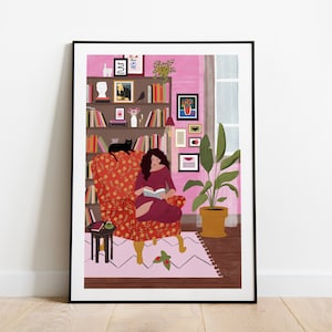 Leseecke A5, A4 und A3 Druck, Herbst Poster, rosa Poster, Buchliebhaber Poster, Katze Print, gemütliches Herbst Poster, Pflanzen Poster