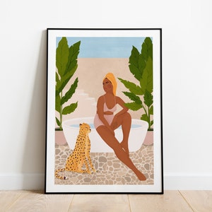 Stampa artistica Jelena A5, A4 e A3, Bali, illustrazione di ragazza, pianta, natura, illustrazione di ghepardo, ragazza con pianta, tropicale, illustrazione di donna