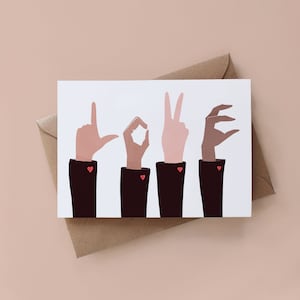 LOVE card, valentine day card, couple card, hand, illustrated, card for her, card for him, gift for her, sign language, hands love