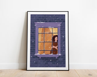 Dreaming...A5,A4 and A3 art print, alone, hope, winter, holiday season, girl print, hope poster, night window, snow