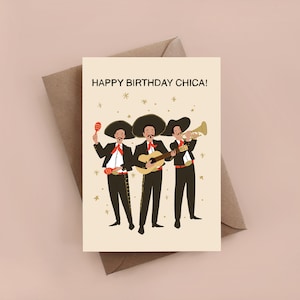 Happy Birthday Chica wenskaart, mariachi wenskaart, grappige kaart, verjaardagskaart, handgeschreven kaart, geïllustreerde kaart, meisje, chica