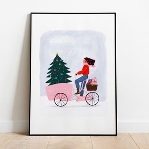 Rower świąteczny A5, A4 i A3 wydruk, plakat świąteczny, skandynawski wydruk, nastrój świąteczny, prezent dla dziewczynki, różowe święta, święta, okres świąteczny