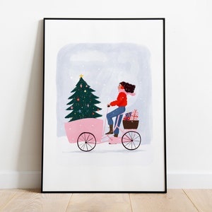 Christmas bicycle A5, A4 and A3 print, Christmas poster, Scandinavian print, xmas mood, girl present, pink xmas, holiday, festive season