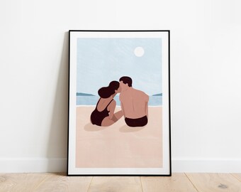 First kiss A5,A4 and A3 art print, summer, couple poster, love poster, kiss print, valentines day print, beach poster, nude colour, lovers