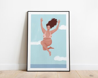 May include: A digital illustration of a person jumping in the air with their arms raised. The person is wearing a pink bikini top and has brown hair. The background is a light blue sky with white clouds.