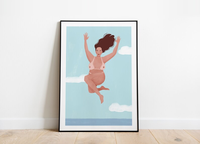 May include: A digital illustration of a person jumping in the air with their arms raised. The person is wearing a pink bikini top and has brown hair. The background is a light blue sky with white clouds.