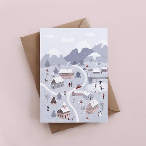 Winter Wunderland Grußkarte, illustrierte Karte, Weihnachtskarten, festliche Karten, Urlaubskarten, Jahreszeitenkarte, Dorfkarte Bild 1