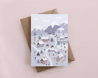 Winter wonderland greeting card, illustrated card, Christmas cards, festive cards, Holiday cards, Seasonal Card, village card