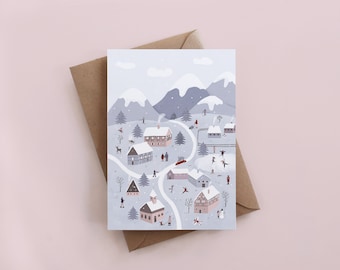 Winter wonderland greeting card, illustrated card, Christmas cards, festive cards, Holiday cards, Seasonal Card, village card