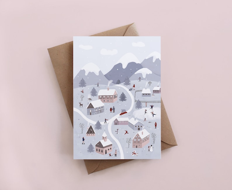 Winter wonderland greeting card, illustrated card, Christmas cards, festive cards, Holiday cards, Seasonal Card, village card image 1