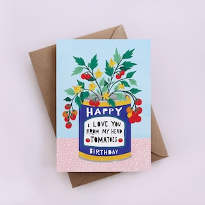 Joyeux anniversaire Tomates, carte de vœux, carte drôle, cartes originales, plante, fleurs, tomate, floral, cartes en étain