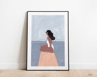 Waiting for..A4 and A5 art print, summer print, girl, beach, sky print, woman poster, gift for her, solitude poster, blue poster