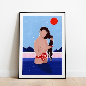 Rode zon A5-, A4- en A3-afdruk, poster, Japan, vrouwen, woondecoratie, poolkunst, zomerposter, haar, nacht, sterren, Japans, goyo, natuur