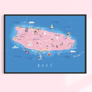 Carte illustrée Brac A5, A4 et A3 - impression d’art, géographie, Croatie, île, Hrvatska, carte, art mural, décoration intérieure, typographie, affiche de carte de la ville