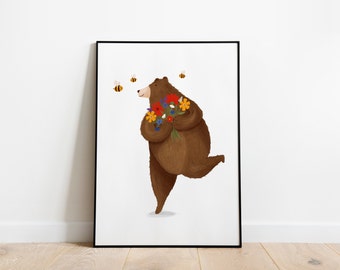 Happy bear A5, A4 and A3 art print, bee, bees, nursery art, kids room, kids print, child, childs room, animal print, colorful