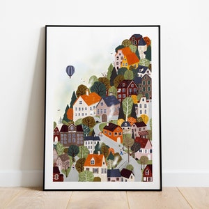 Forrest city A5, A4 y A3 impresión de arte, decoración del hogar, impresión de paisaje, arte para niños, regalo para niños, arte de pared, póster, regalo, madera, ciudad, niños, niño