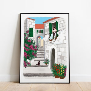 A snippet of life A5, A4 and A3, Dalmatia cost, Dalmatia, Croatia, stone house, Dalmatia poster, old house poster, cat print, mediterranean