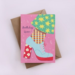 Birthday Queen card, greeting card, 70's card, shoes card, disco card, retro vibe card