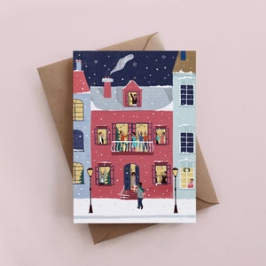 Tarjeta de felicitación de la gente de la fiesta, tarjeta de Navidad, tarjeta festiva, tarjeta de fiesta, tarjeta de vacaciones, tarjeta de Año Nuevo, tarjeta ilustrada de vacaciones