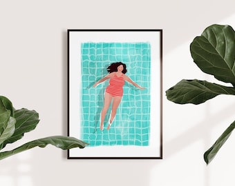 Alone A5, A4 and A3 art print,  home decor, summer poster, pool, girl, illustration, swimmer, beach, turquoise, gift, women, body, coral