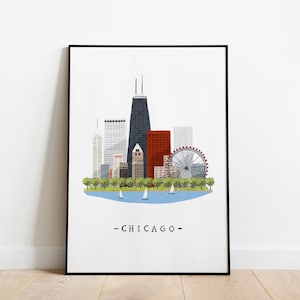Stampa artistica con skyline di Chicago in formato A5, A4 e A3, illustrazione della città, città degli Stati Uniti, skyline, architettura, città ventosa, Illinois, Second City, paesaggio