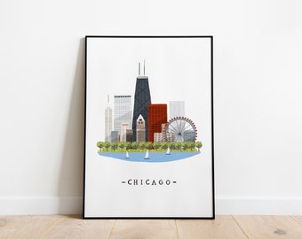 Chicago skylines A5, A4 and A3 art print, city illustration, USA city, skyline, architecture, windy city, Illinois,  Second City, scenery